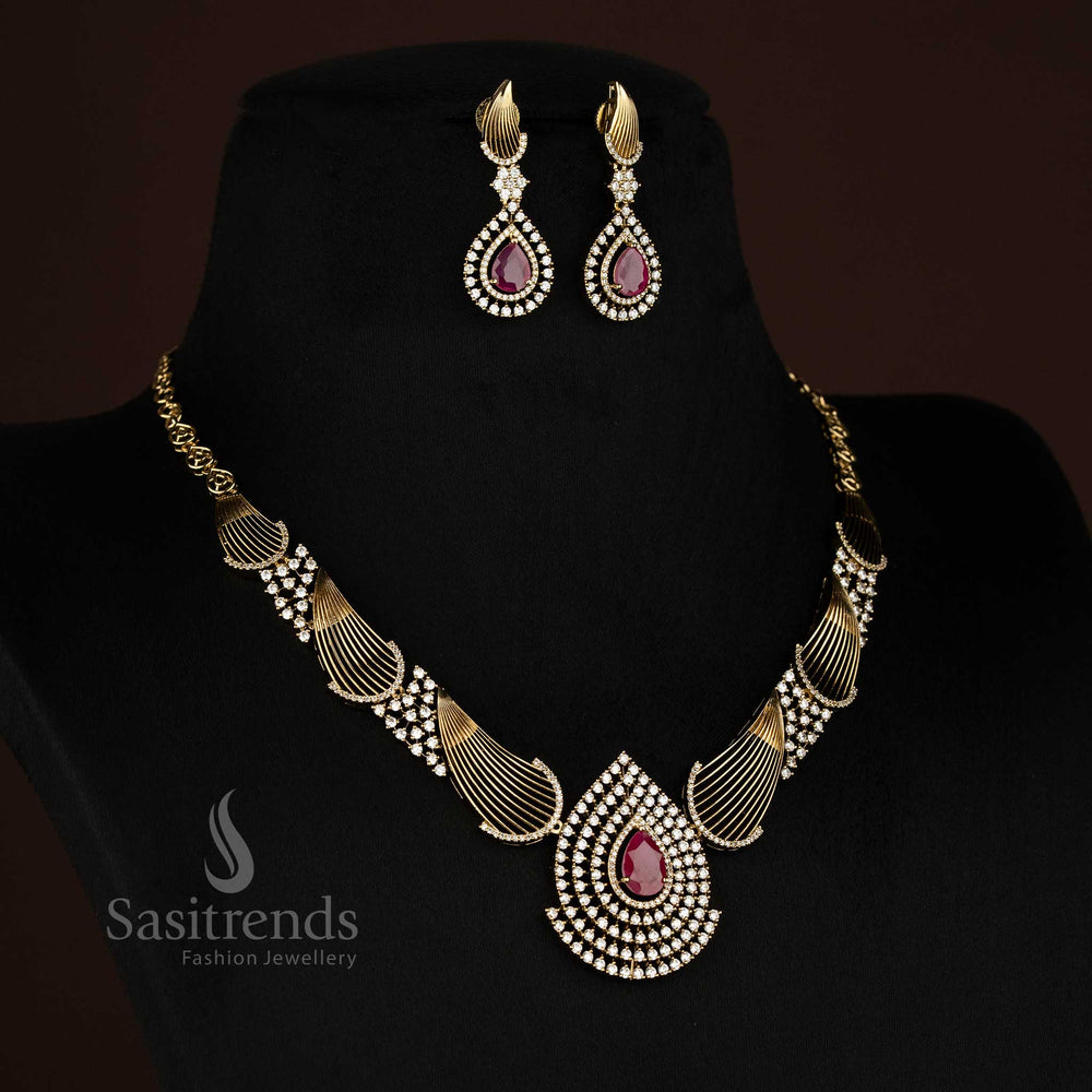 Scarlet Frost mehendi gold white-ruby teardrop American Diamond necklace set ideal for lively function styling and festive party fashion – Sasitrends