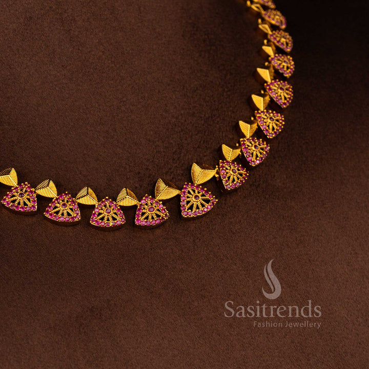 Temple matte gold polished necklace decorated with American diamond stone work in rich ruby colour ethnic styling – Sasitrends
