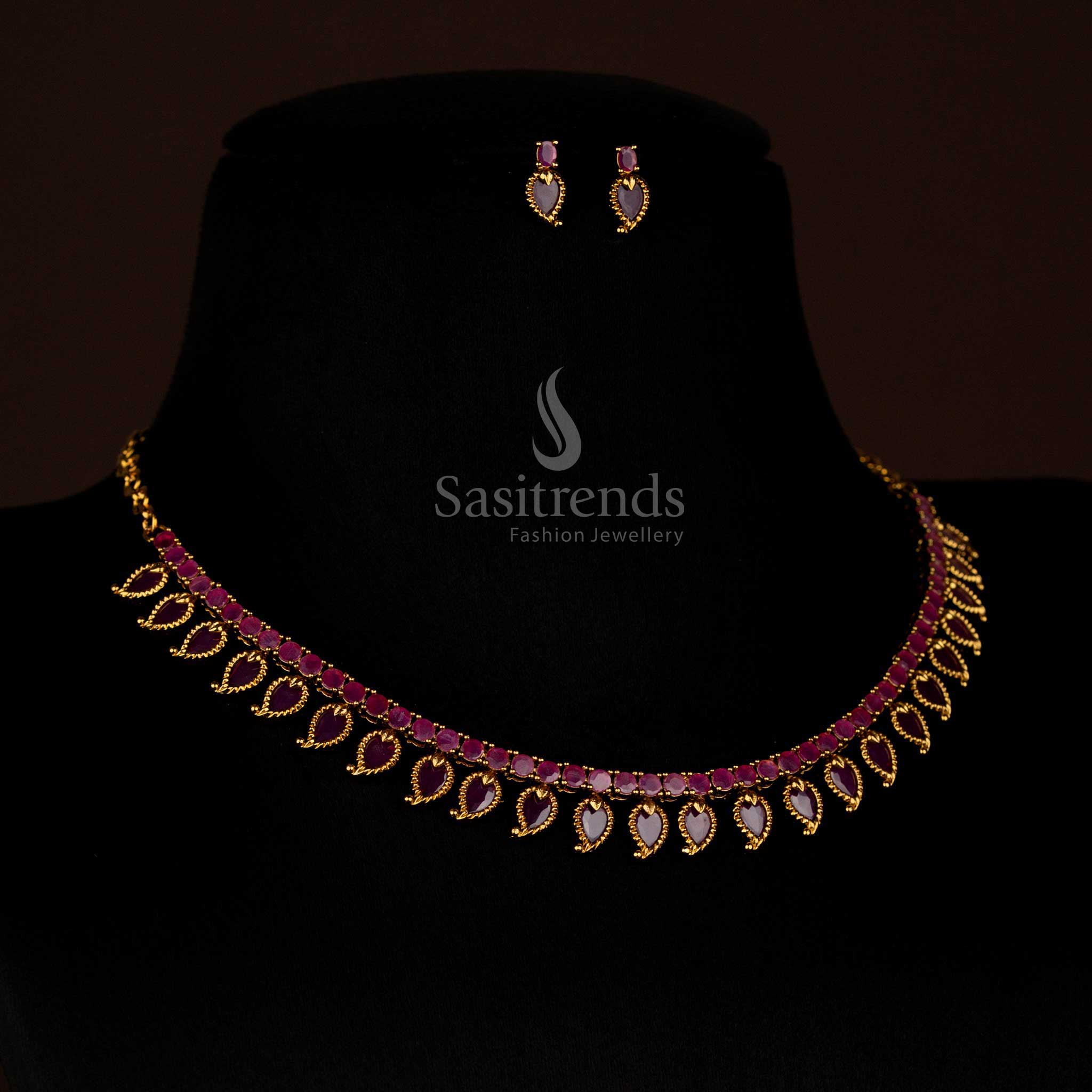 Majestic Ruby Matte Gold Palakka Mango AD Stone Short Necklace highlighted with Brilliant Finish for Festivals and Wedding Celebrations – Sasitrends