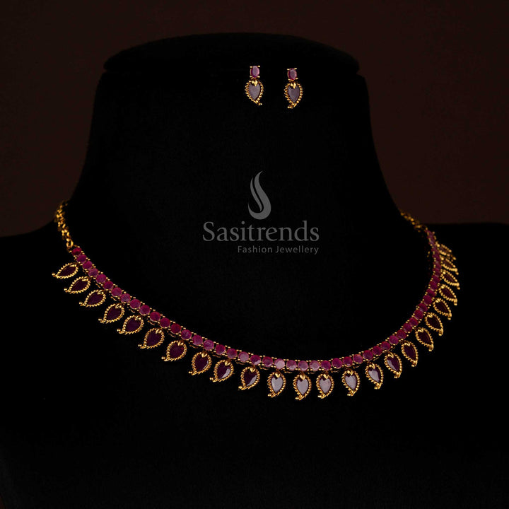 Majestic Ruby Matte Gold Palakka Mango AD Stone Short Necklace highlighted with Brilliant Finish for Festivals and Wedding Celebrations – Sasitrends