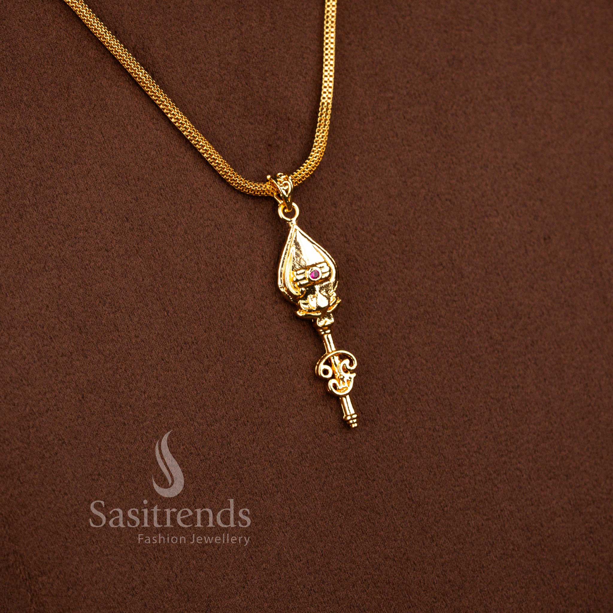 Beautifully Crafted 24K Micro Gold Plated Vel Drop Pendant Necklace with 24 Inches Box Chain | Traditional Gold Finish Jewellery