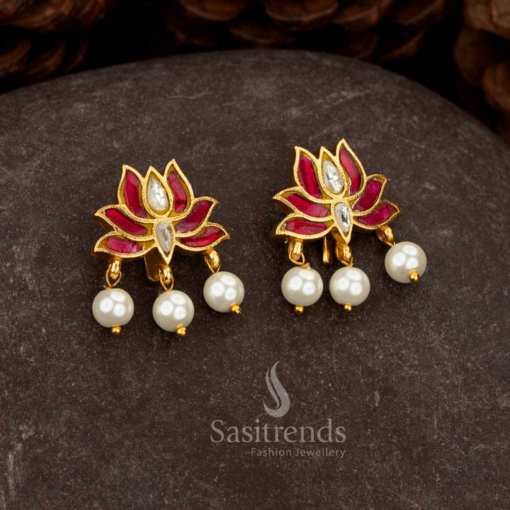 Ornate ruby white Jadau gold plated lotus Kundan stone pearl bugadi ear cuff earrings suited for cultural celebrations - Sasitrends