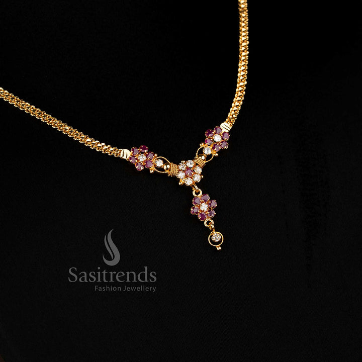 Elegant ruby-white traditional one gram micro gold plated floral pendant necklace, perfect for festive saree wear, showcasing delicate craftsmanship and timeless cultural charm by Sasitrends