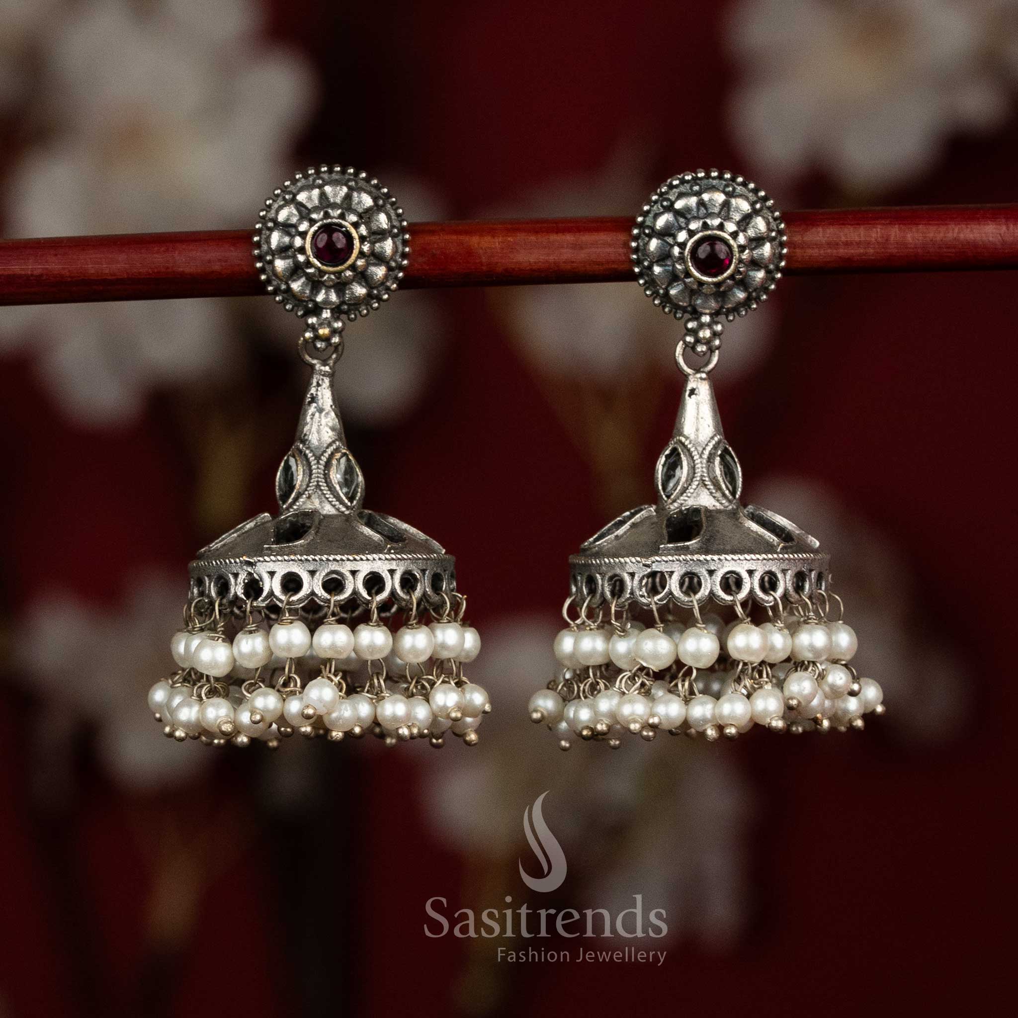Ruby white oxidised 92.5 silver round floral dome jhumka earrings with pearl fringes for ethnic occasions - jewellery - Sasitrends