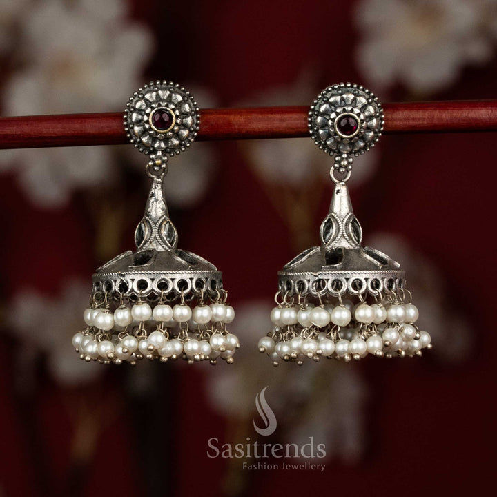 Ruby white oxidised 92.5 silver round floral dome jhumka earrings with pearl fringes for ethnic occasions - jewellery - Sasitrends