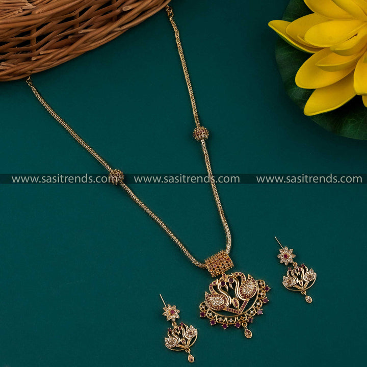 Micro Gold Plated Swan Pendant Necklace Set with AD Stones - White Ruby Color