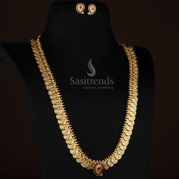 Divine ruby white temple matte gold plated Kemp Lakshmi coin paisley long necklace for pooja wear - Sasitrends