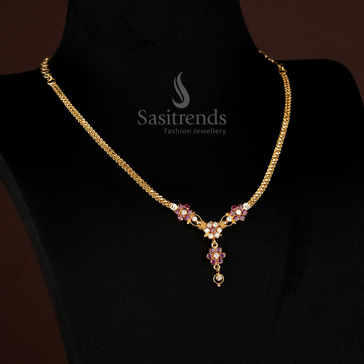 Beautiful ruby-white one gram micro gold plated traditional floral pendant necklace, crafted for classic ethnic celebrations and bridal ensembles with intricate detailing by Sasitrends