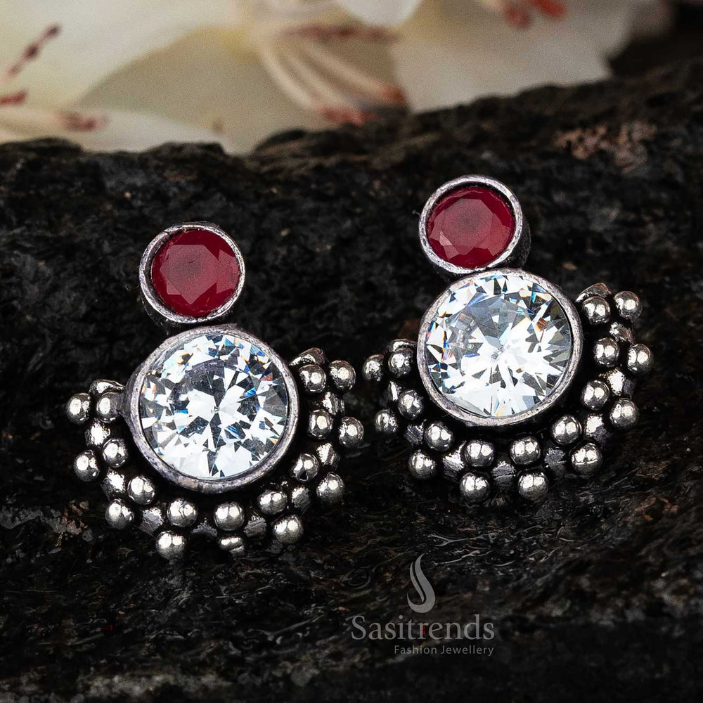 Ruby White Gemstone Oxidised Earrings - Elegant Evening Wear by Sasitrends