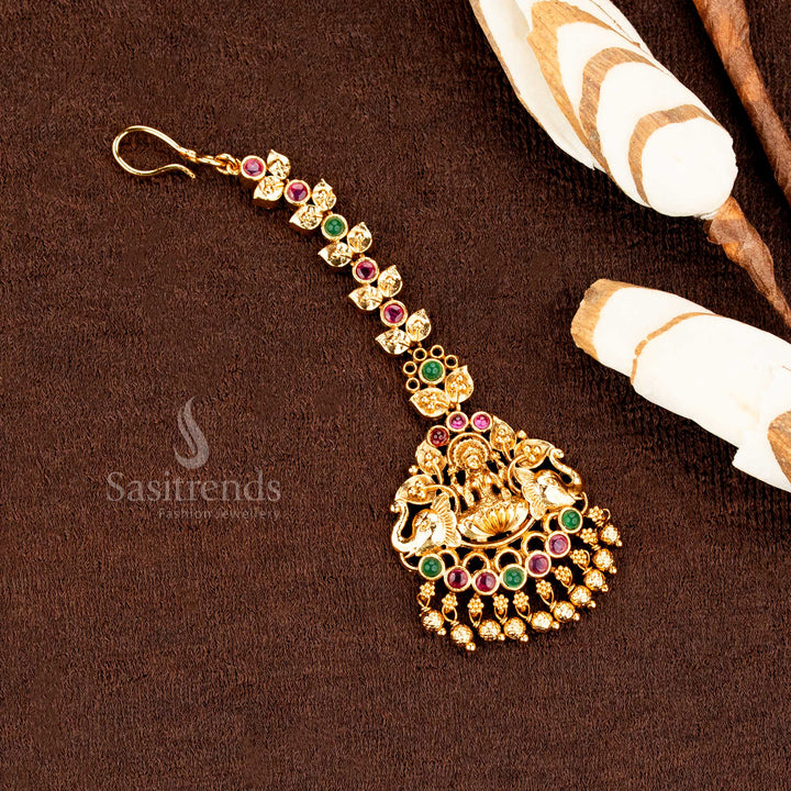 Wonderful Collection Of Premium Temple Matte Gold Plated Lakshmi Peacock Mango Floral Tikka Collection with AD Stones and Hanging Balls for Bridal and Traditional Wear - Sasitrends