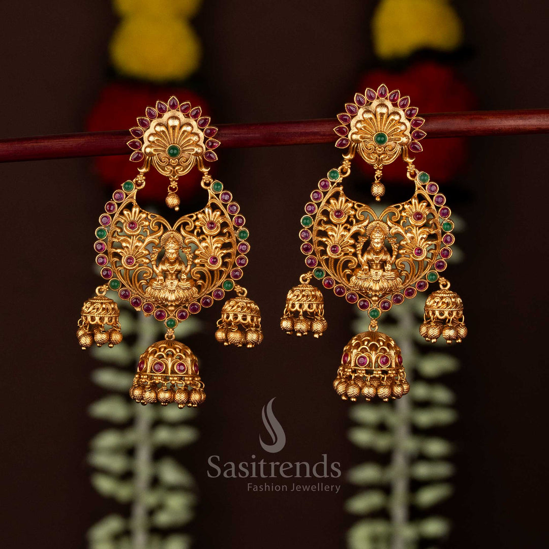 Luxurious temple matte gold Lakshmi floral earrings ideal for festive occasions and ethnic grandeur - Sasitrends