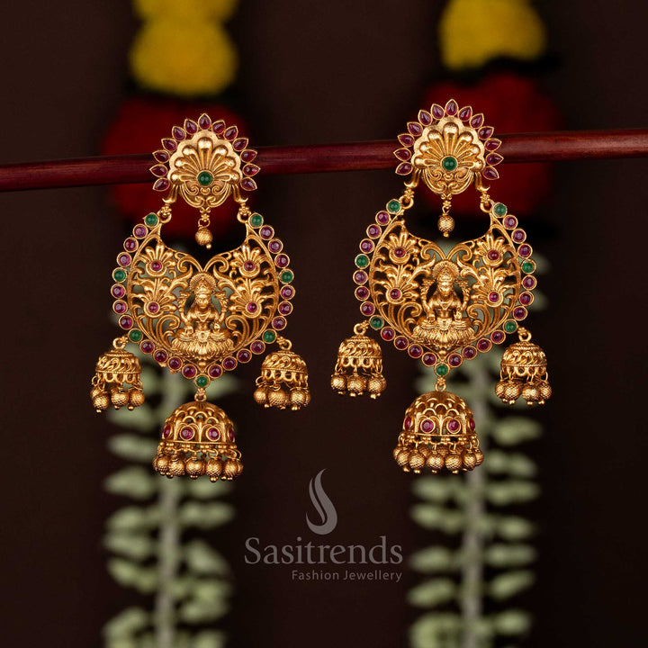Premium Temple Matte Gold Plated Lakshmi Motif Floral Earrings for Festivals
