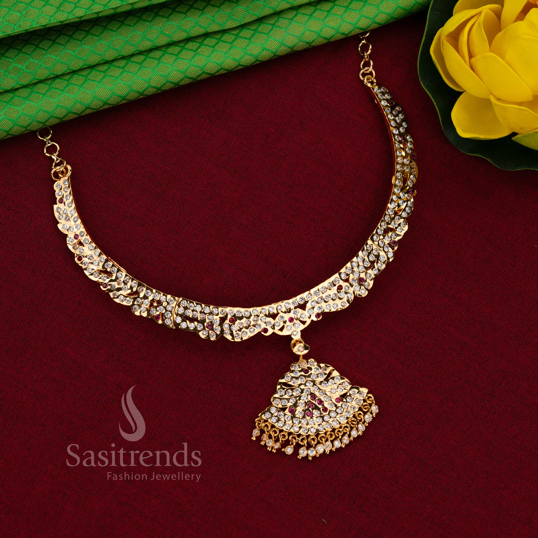 Crimson harmony impon micro gold plated attigai pendant necklace white ruby in guaranteed style for festive and bridal wear – Sasitrends
