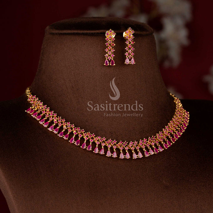 Dazzling micro gold plated American Diamond floral necklace in ruby red with round and pear cut stones – Sasitrends