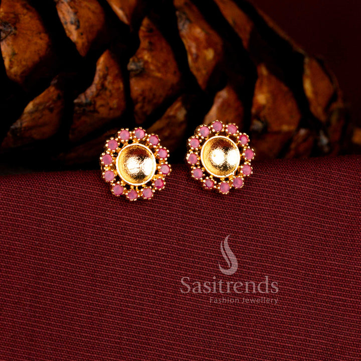 Majestic one gram earrings in ruby designed with radiant sunburst halo and elevated gold dome centre for festive elegance – Sasitrends