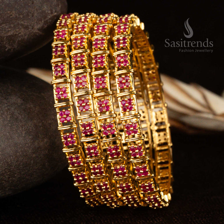 Micro gold  bangles with deep ruby American diamond stones – a striking ethnic jewellery piece with a 1-year guarantee, crafted for regal celebrations by Sasitrends