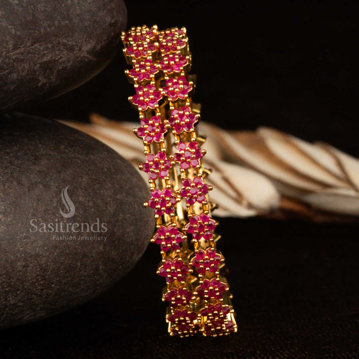 Exclusive ruby CZ bangles in micro gold polish with 1-year guarantee – a dazzling traditional jewellery choice made to shine during special festivals and cultural functions by Sasitrends