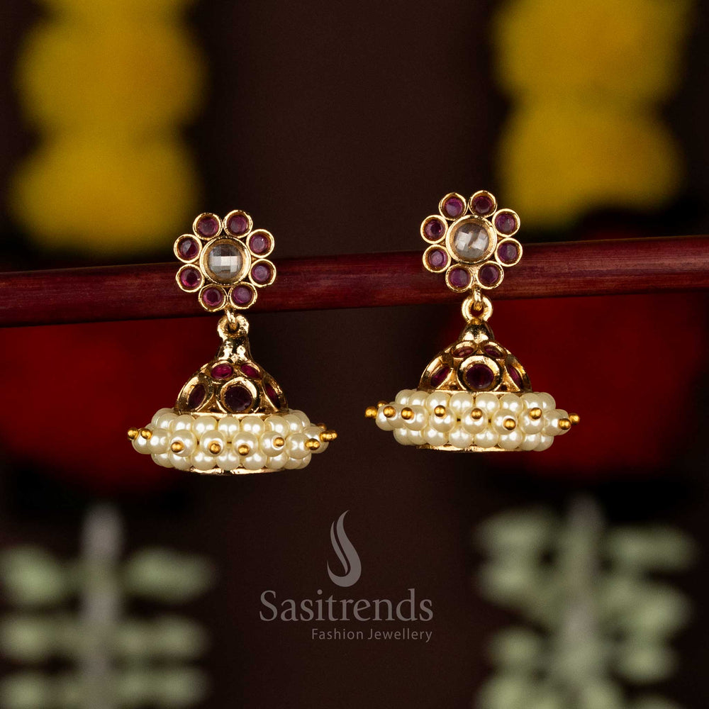 Ruby-White matte gold plated Kemp flower AD jhumka earrings with pearl cluster base – Sasitrends
