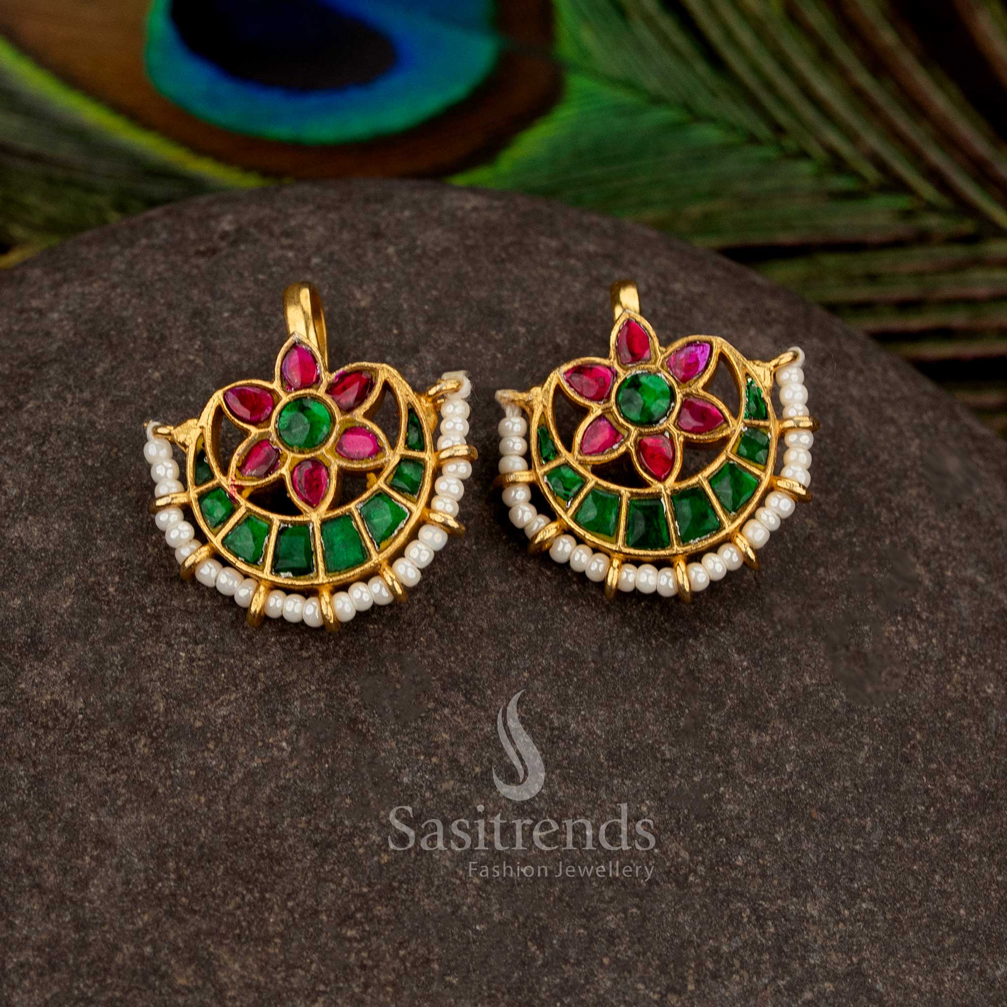 Regal green ruby kundan jadau bugadi ear cuffs accented with pearls for festive styling - Sasitrends