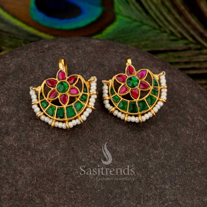 Regal green ruby kundan jadau bugadi ear cuffs accented with pearls for festive styling - Sasitrends
