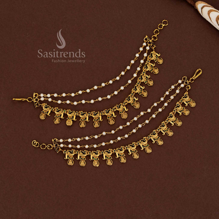 Opaline finish peacock Lakshmi design temple matte gold plated American diamond matils adorned with vibrant green stones and flowing pearl accents ideal for auspicious bridal ensembles - Sasitrends
