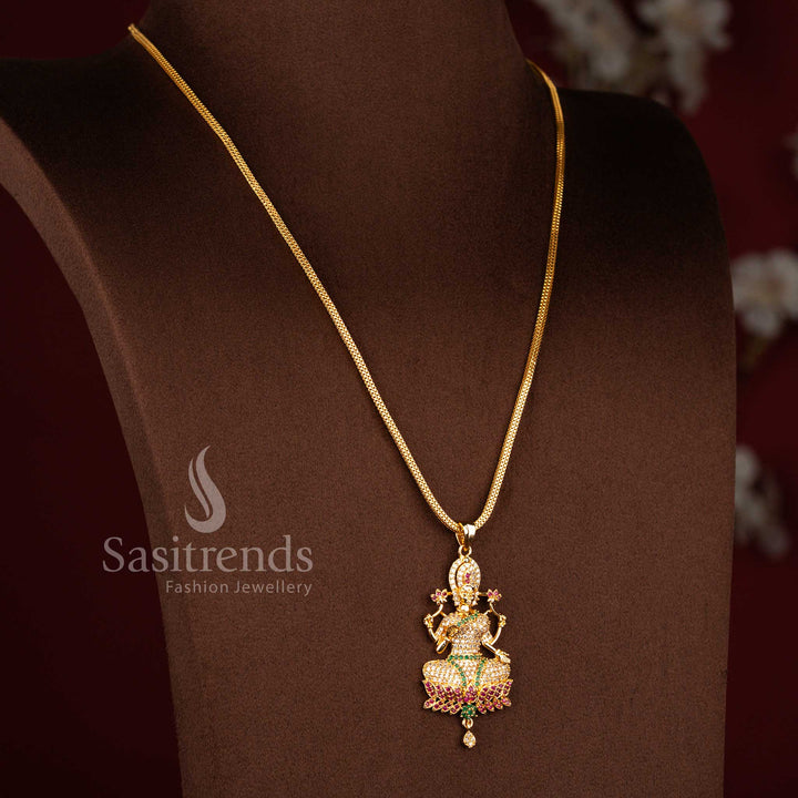 Traditional Goddess Lakshmi micro gold plated pendant chain necklace featuring AD stone detailing in striking multi colour presentation – Sasitrends