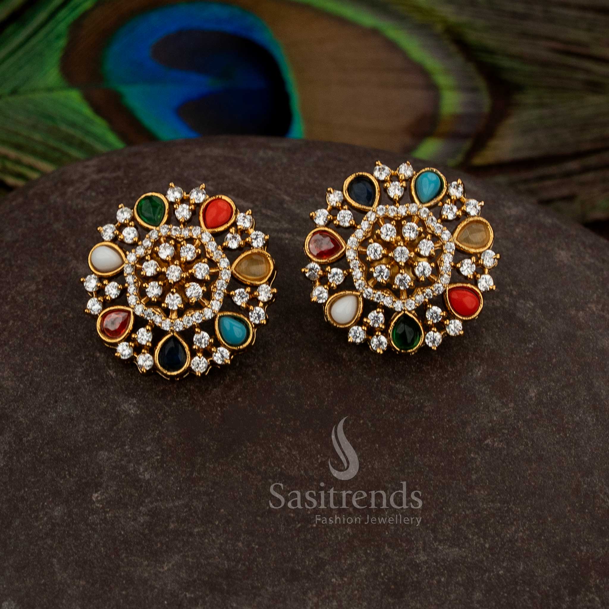 Graceful matte gold plated white pavalam temple stud earrings with teardrop AD stones floral artistry - Sasitrends