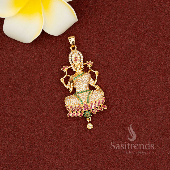 Radiant multi-colour AD stone Lakshmi pendant showcasing colourful crystal details enhancing festive charm and devotional Jewellery - Sasitrends