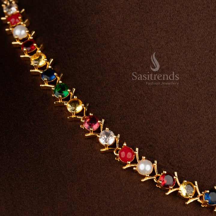 Auspicious navarathna micro gold plated American diamond V-cut necklace suited for festive party nights – Sasitrends