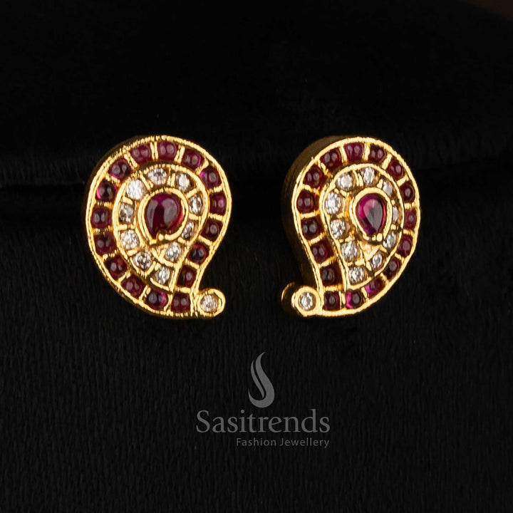 Heritage ruby white temple matte gold plated Kemp Lakshmi coin paisley earrings for traditional wear - Sasitrends