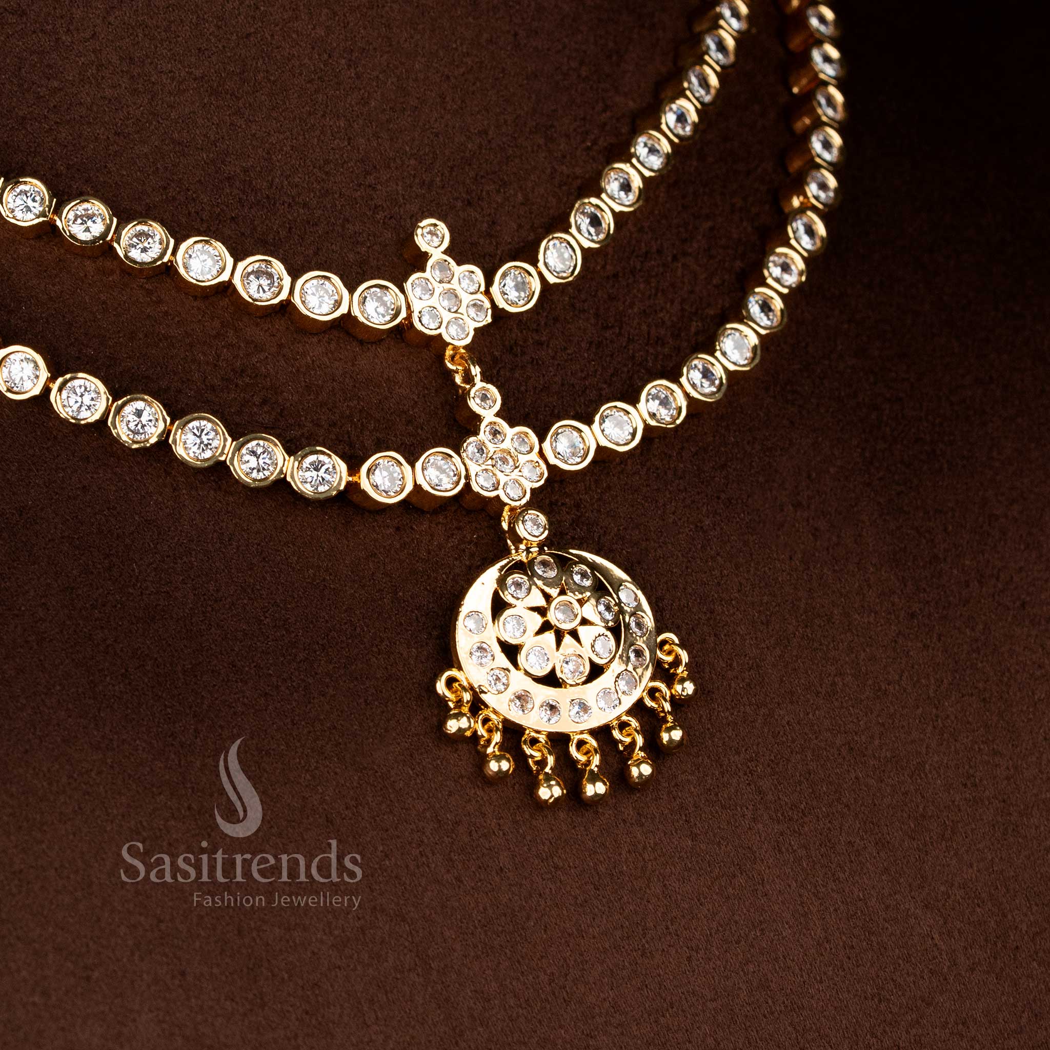 Pure traditional white micro gold plated round stone crescent floral layered attigai necklace for festive excellence jewellery - Sasitrends