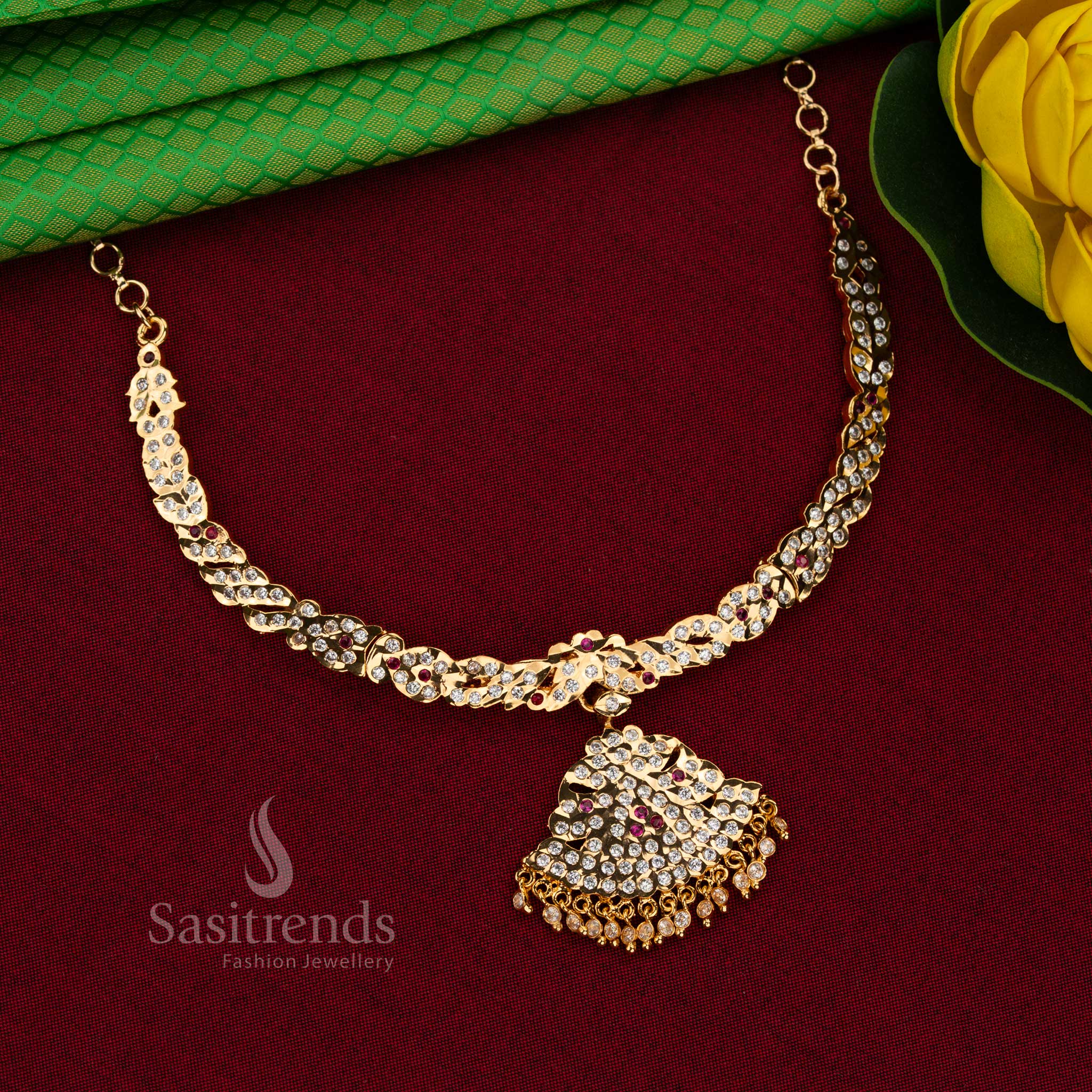 Golden harmony impon micro gold plated attigai pathakam necklace white ruby with refined brilliance for poojas and grand celebrations – Sasitrends