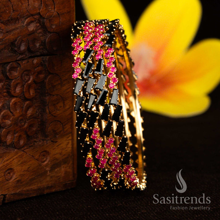 Guaranteed 24K Micro Gold Plated Black-Ruby AD Geometric Multi-Layered Structured Statement Bangle with Bold Angular Detailing