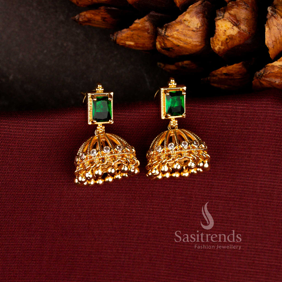 Sasitrend guaranteed green 24K micro gold plated traditional jhumka earrings with square stud and intricate dome detailing that looks like real gold