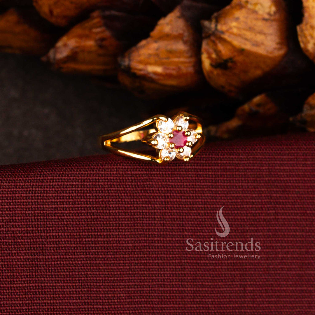 Elegant Sasitrend 24K micro gold plated flower inspired AD ring crafted with symmetrical stone detailing and polished finish