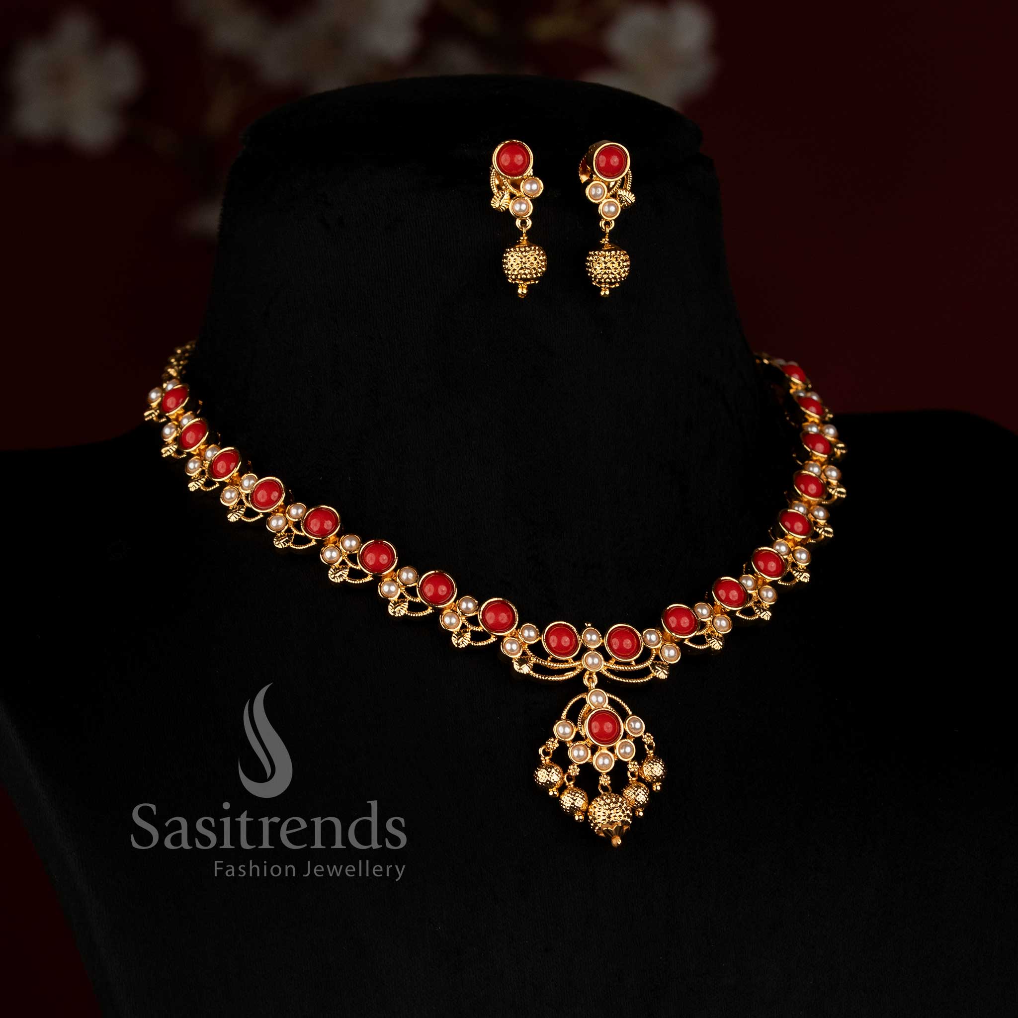 Sasitrends 24K Micro Gold Plated Pavalam and Pearl Necklace Set with Repeated Round Pavalam Elements, Delicate Pearl Accents, Intricate Floral Gold Detailing, Statement Centre Pendant and Matching Earrings