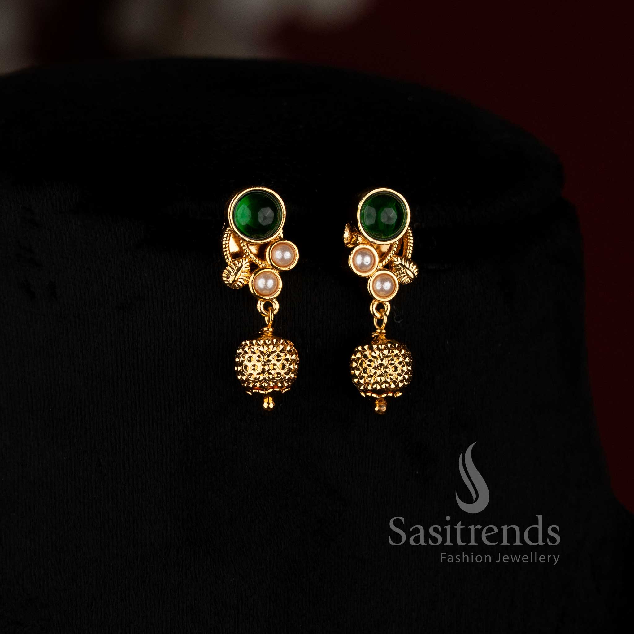 Sasitrends 24K Micro Gold Plated Pavalam Pearl Necklace Set featuring repeated round Pavalam motifs, elegant pearl detailing, ornate floral gold accents, statement pendant and matching earrings