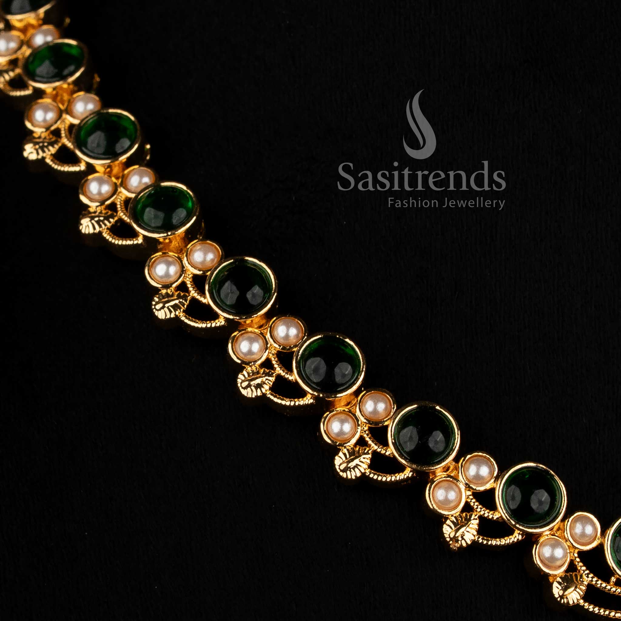 Sasitrends 24K Micro Gold Plated Pavalam and Pearl Necklace Set with layered round Pavalam elements, fine pearl accents, intricate golden floral work, prominent centre pendant and matching earrings