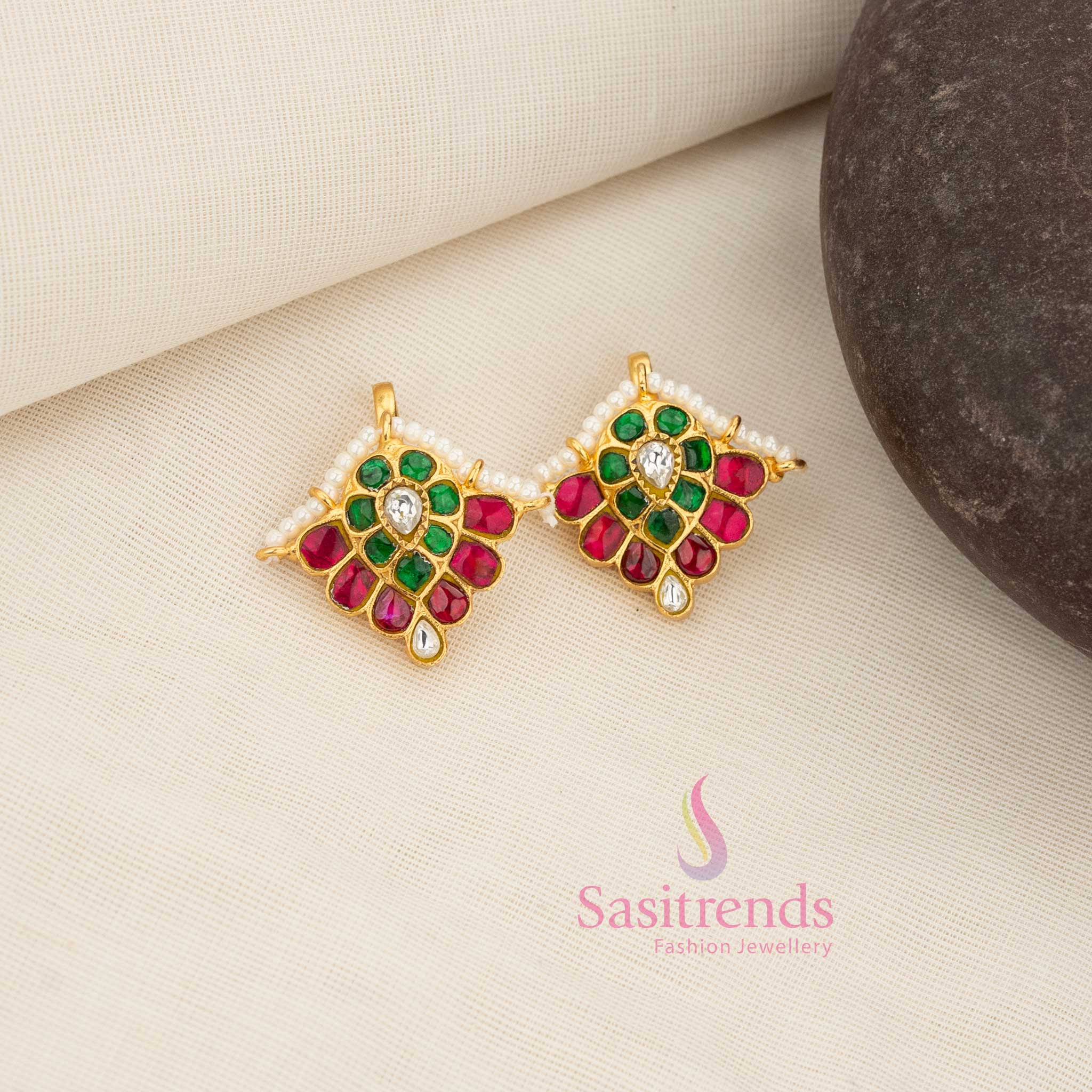 24K Jadau Kundan floral petal earcuff bugadi earrings with pearl fringe – Sasitrends