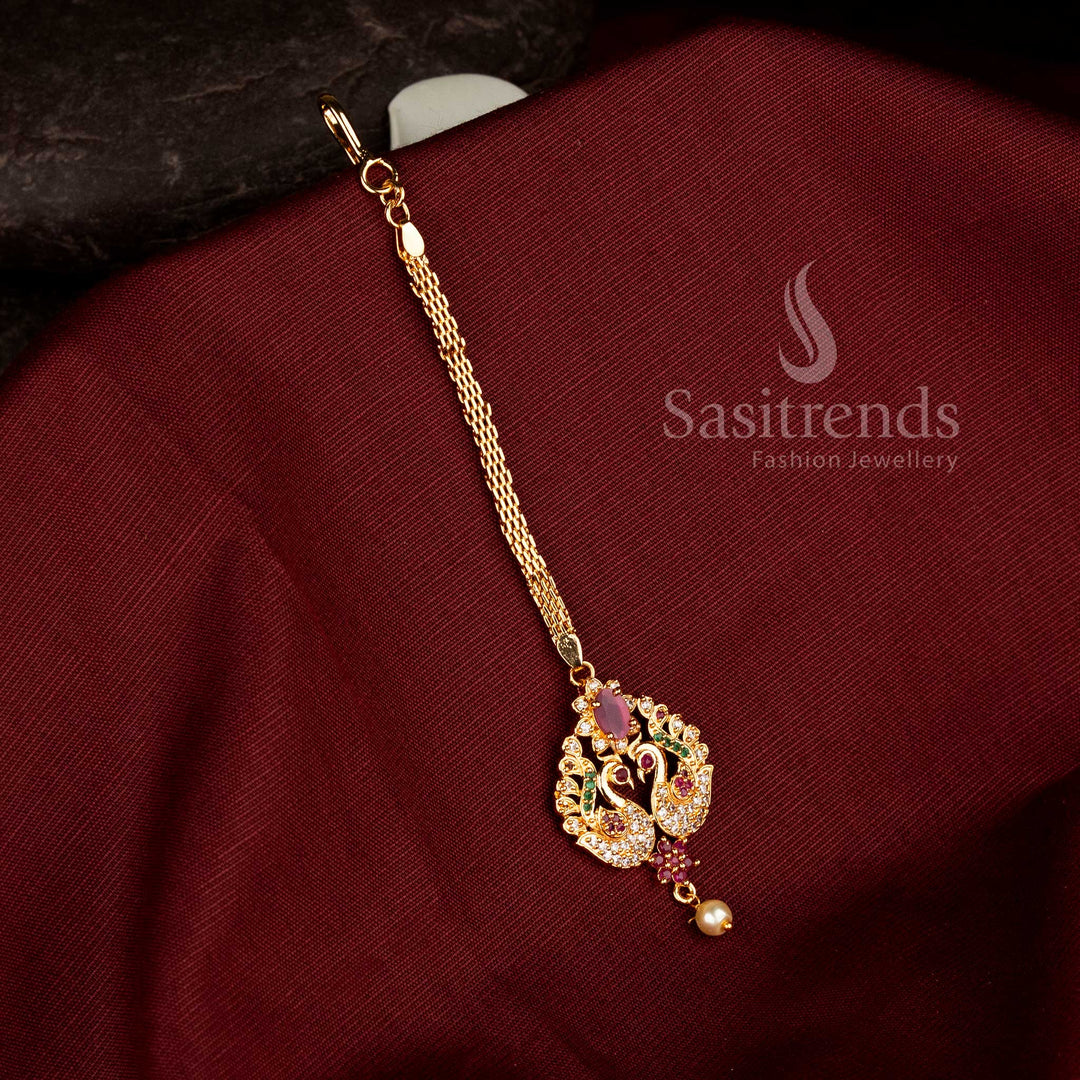 One gram Micro gold plated multi American diamond maang tikka crafted in traditional peacock design with detailed AD stone work - Sasitrends