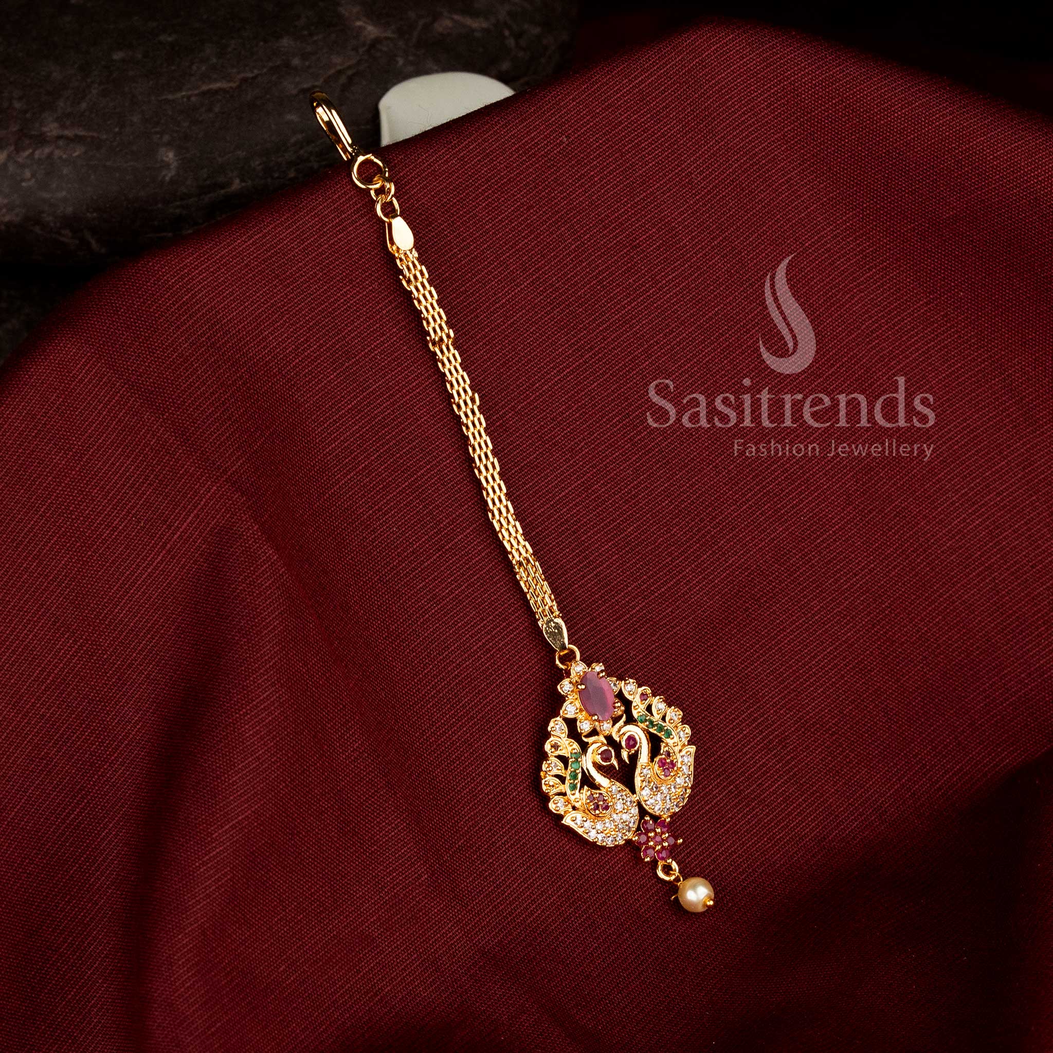 One gram Micro gold plated multi American diamond maang tikka crafted in traditional peacock design with detailed AD stone work - Sasitrends