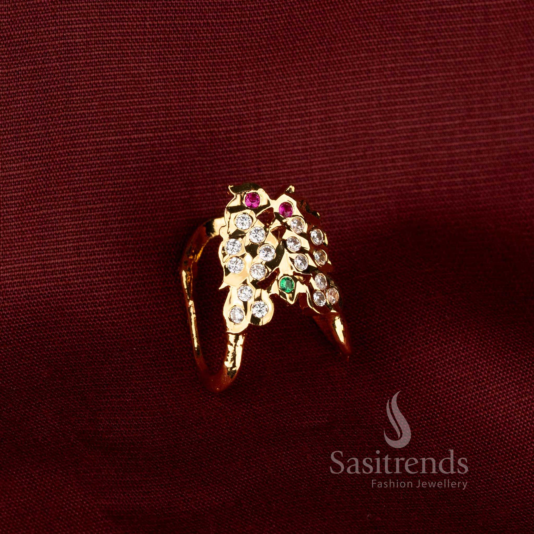 Sasitrends Impon Micro Gold Plated Panchaloga Ring with graceful curved V-shaped detailing, dual-V American Diamond stone motifs and a refined traditional jewellery design