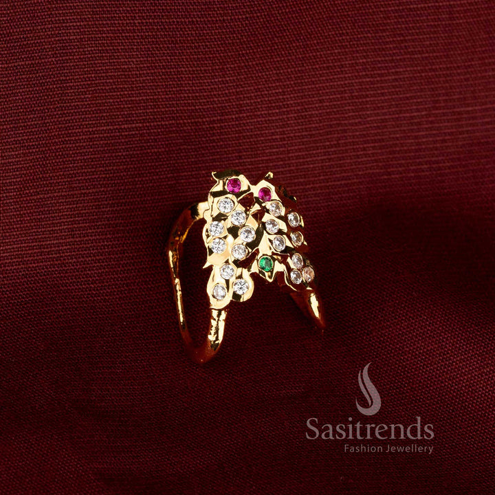 Sasitrends Impon Micro Gold Plated Panchaloga Ring with graceful curved V-shaped detailing, dual-V American Diamond stone motifs and a refined traditional jewellery design