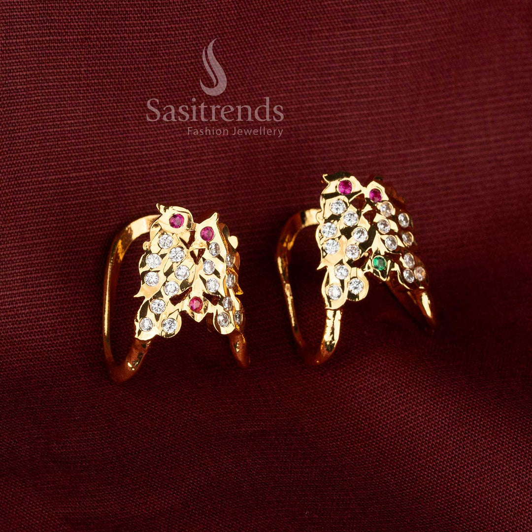 Sasitrends Impon Micro Gold Plated Gati Panchaloga Ring with an openable design, curved dual-V motif and elegant American Diamond stone detailing