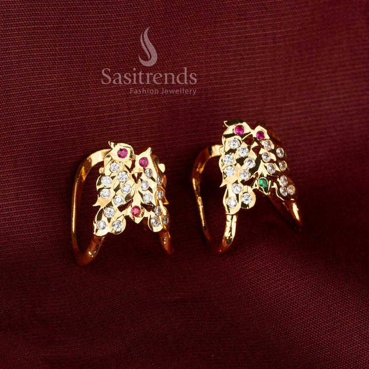 Sasitrends Impon Micro Gold Plated Gati Panchaloga Ring with an openable design, curved dual-V motif and elegant American Diamond stone detailing