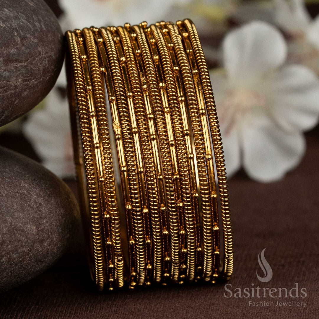 Oxidised Antique Gold Plated Bangles with Intricate Coil Motif and Hand-Twisted Temple Design – A Statement Piece for Ethnic Saree Styling – Sasitrend