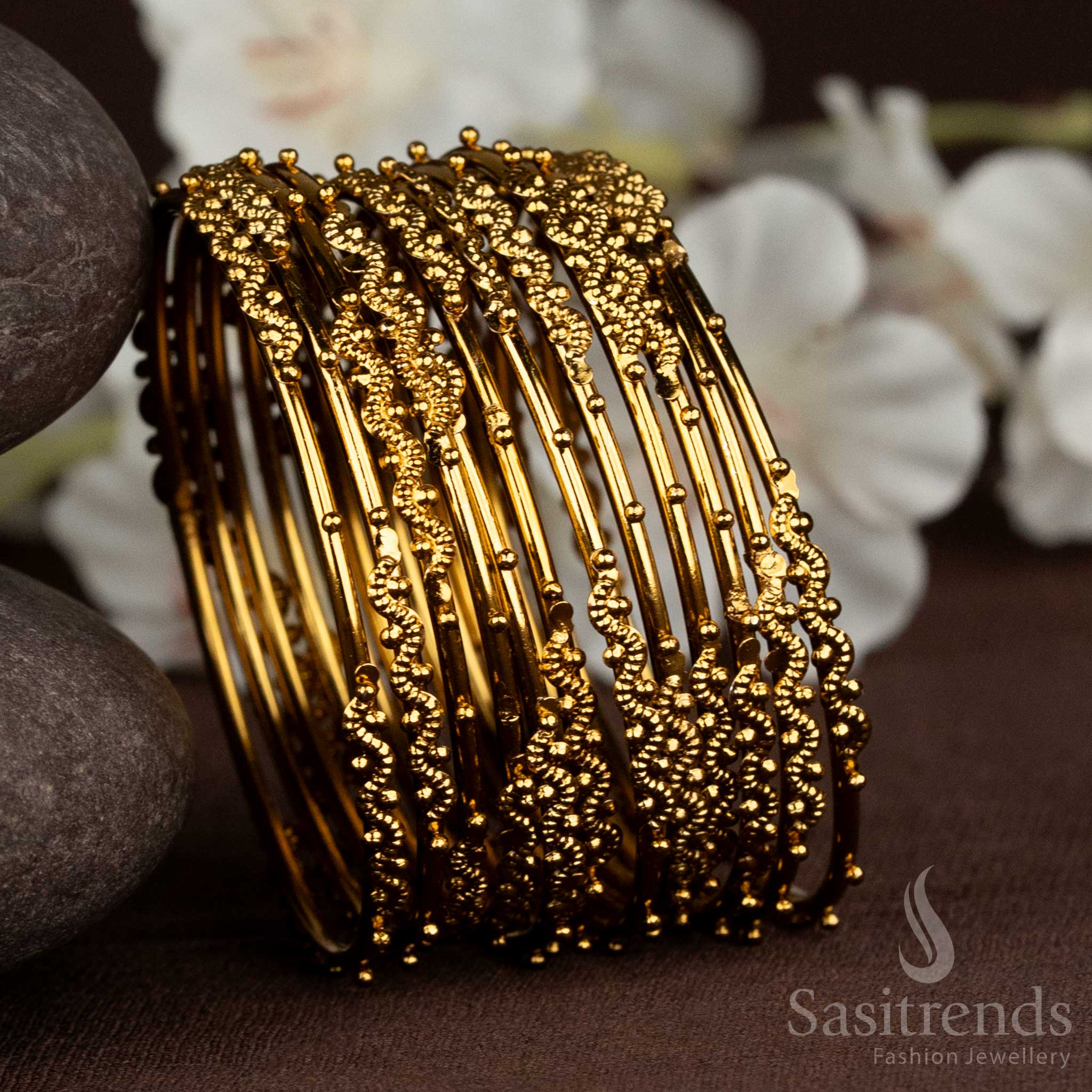 Ornate Antique Gold Plated Oxidised Bangles Set featuring Intricate Embossed Design – A Timeless Accessory for Traditional and Festive Indian Attire – Sasitrends