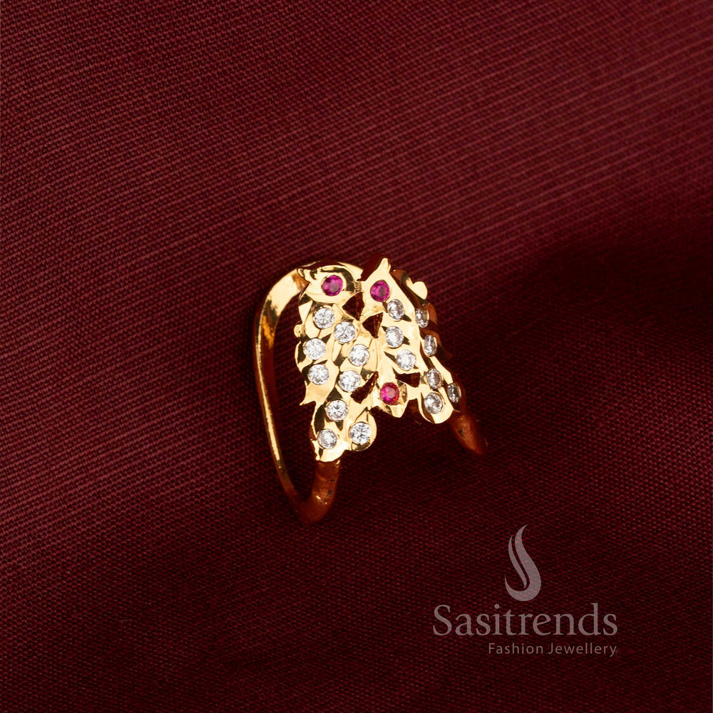 Sasitrends Impon Micro Gold Plated Gati Panchaloga Ring featuring a distinctive curved dual-V design with sparkling American Diamond stone accents and an elegant openable structure