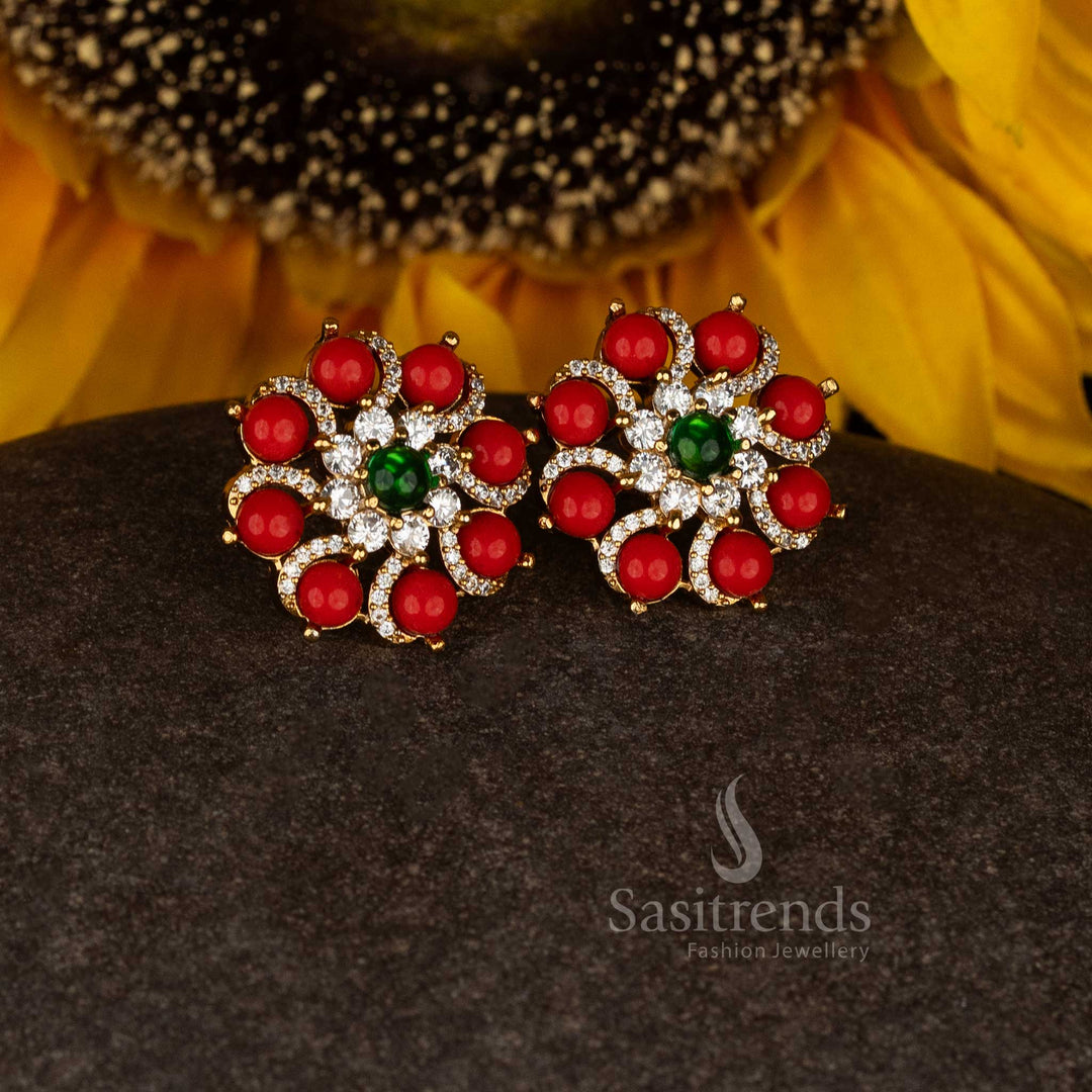 Stylish premium matte gold plated pavalam floral circle temple stone stud earrings radiating festive charm and classic beauty - Sasitrends