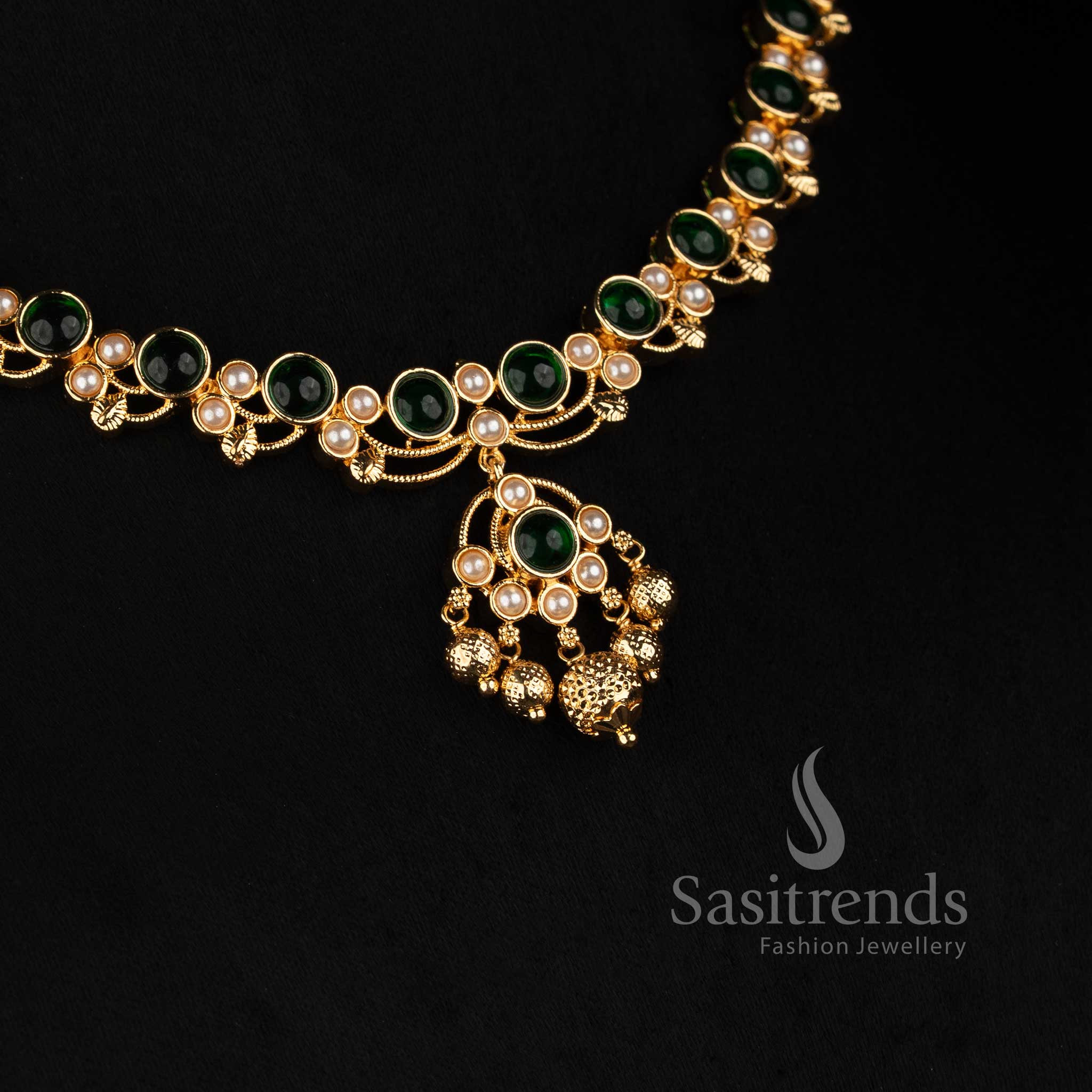 Sasitrends Micro Gold Plated Pavalam and Pearl Necklace Set designed with repeated circular Pavalam elements, graceful pearl accents, detailed floral motifs, statement centre pendant and coordinating earrings